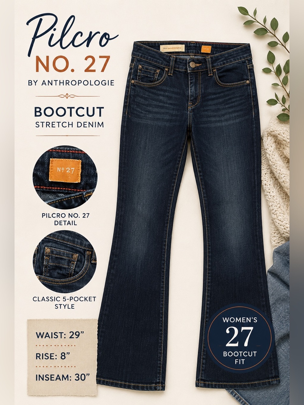 Pilcro No. 27 Bootcut Jeans Women’s 29x30 Dark Wash Mid Rise Stretch Denim